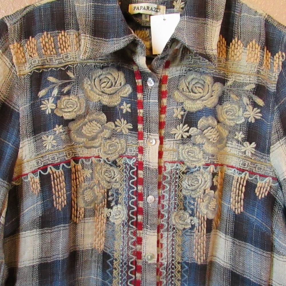 Paparazzi Blue Plaid Button Down Shirt with Embroidery - Picture 5 of 7